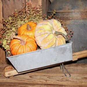 NEW Galvanized Metal & Wood Fall Farmhouse Wheelbarrow Decor Box